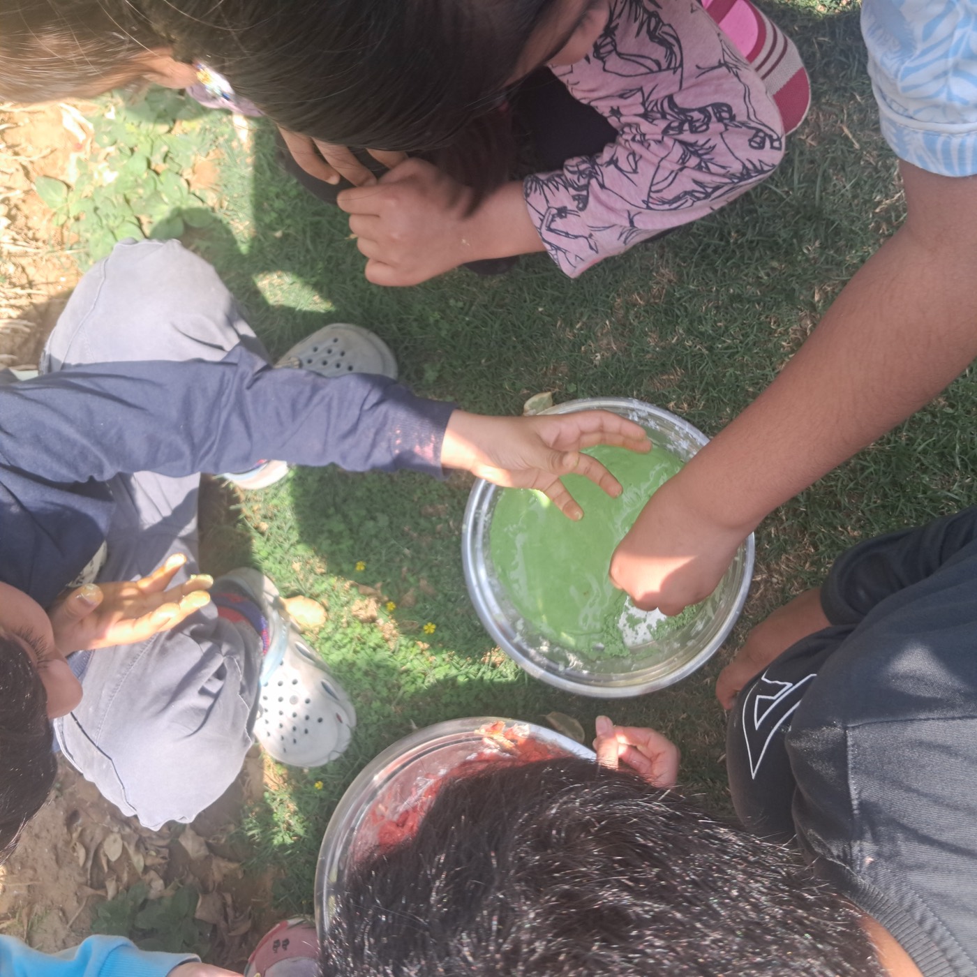 Children sitting on grass mixing bright green and pink natural Holi colours in steel bowls